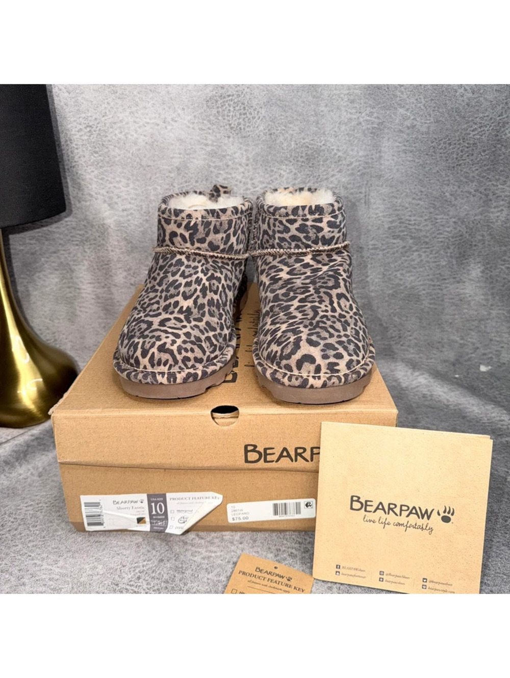 Bearpaw Shorty Exotic Leopard Women’s Size 10 Sheepskin Ankle Boots Animal Print